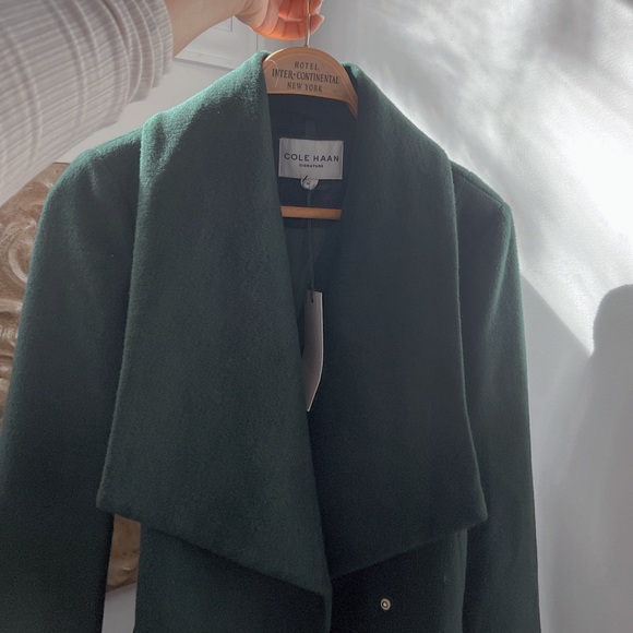 Dark Green (Forest) Cole Haan Collar Wrap Coat w/ Belt - Picture 5 of 10